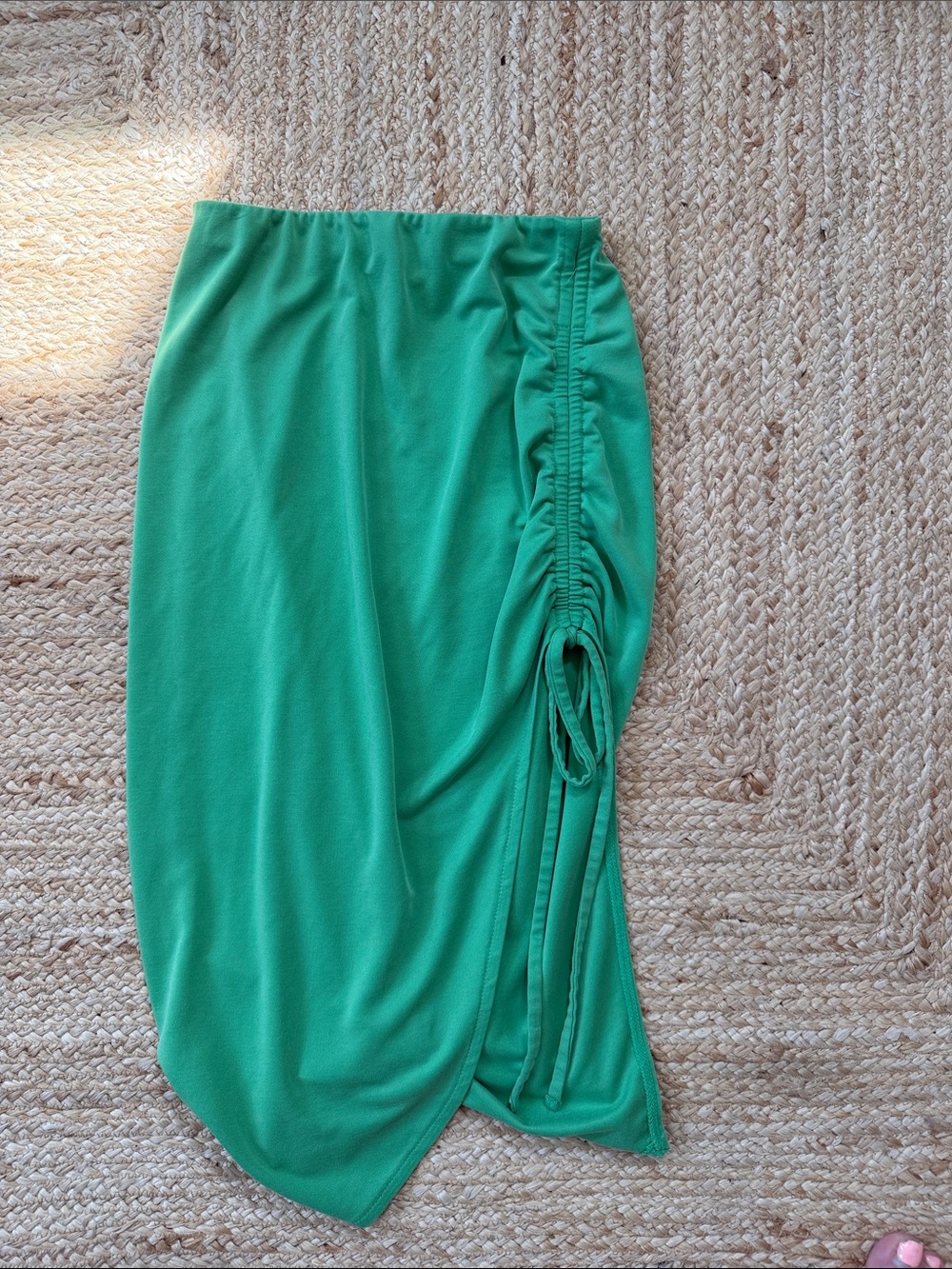 Asymmetrical Green Ruched Side-Tie Midi Skirt
